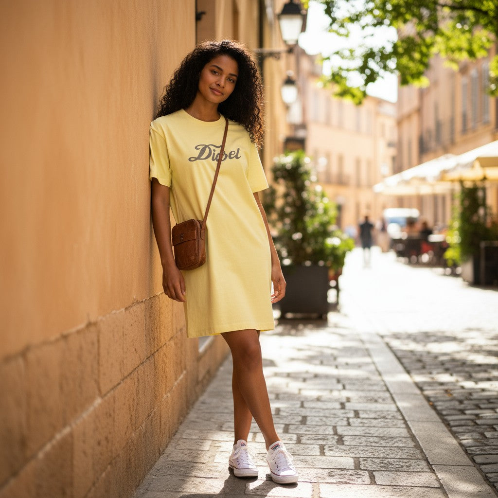 DIESEL D-Egor-New-Ita Women Dress L Yellow Short Sleeved Tricot Casual Logo