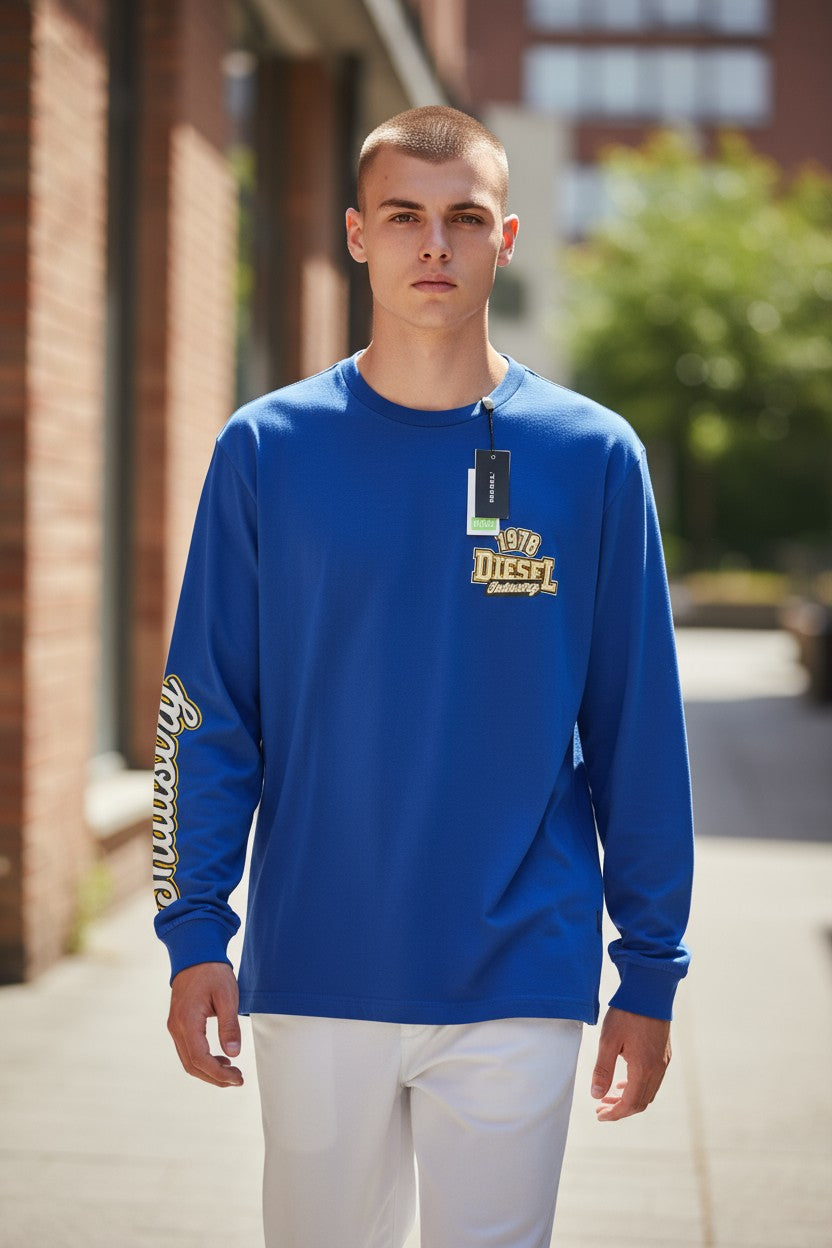 DIESEL T-Diegos-LS-K27 Men T-Shirt M Mid Blue Pullover Crew Collar