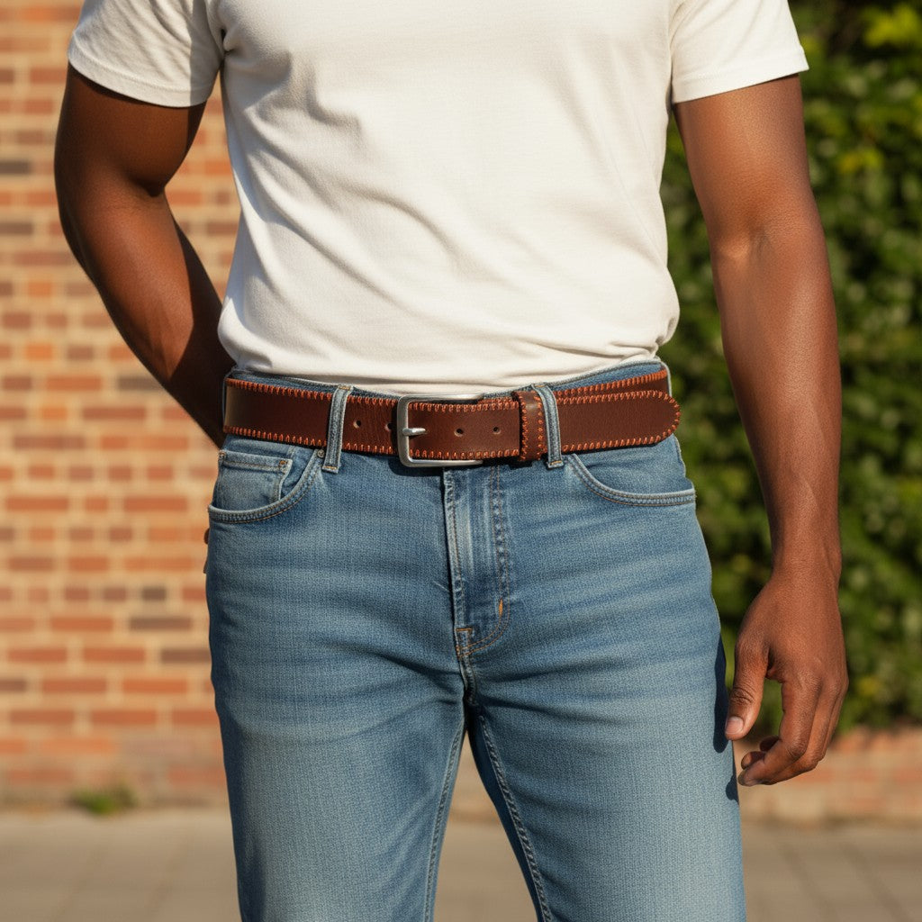 HARMONT & BLAINE Brown Leather Belt 100cm Round-End Buckled Metal Tip Buckle