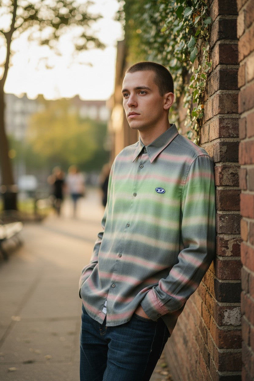 DIESEL S-Tucker-Stripe Men Shirt L RRP€150 Pattern Button Up Spread Logo Light