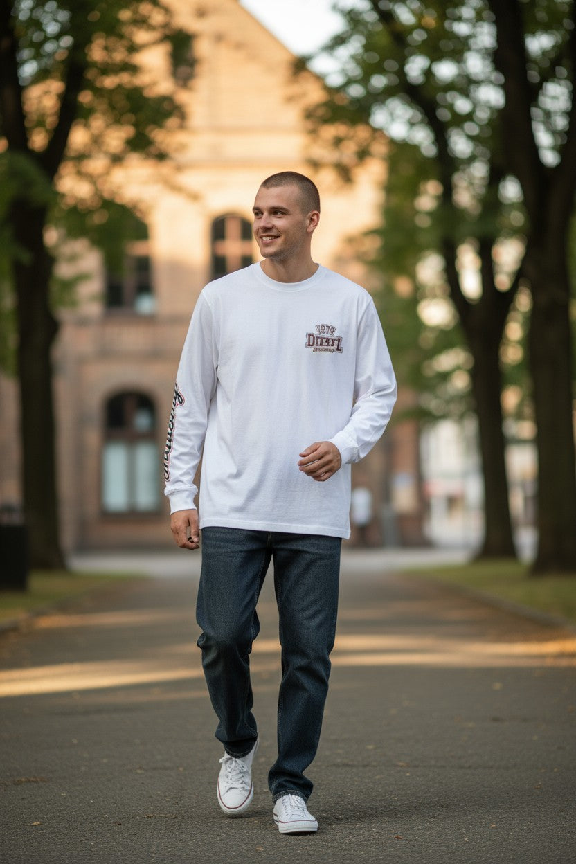 DIESEL T-Diegos-LS-K27 Men T-Shirt M White Cotton Long Sleeve Crew Collar