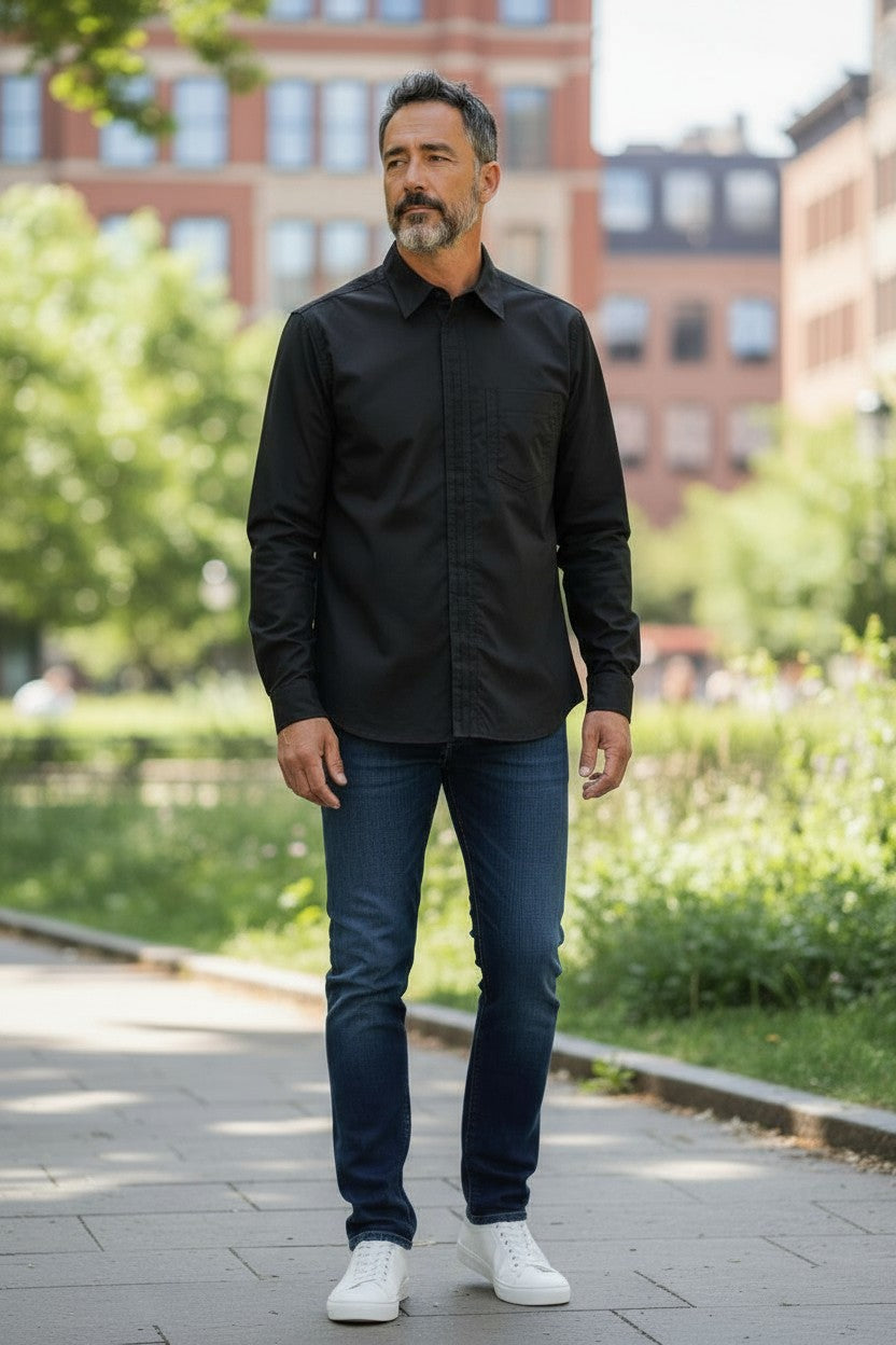 DIESEL S-Olsen Men Shirt L  Black Hidden Button Patch Pocket Spread Neck