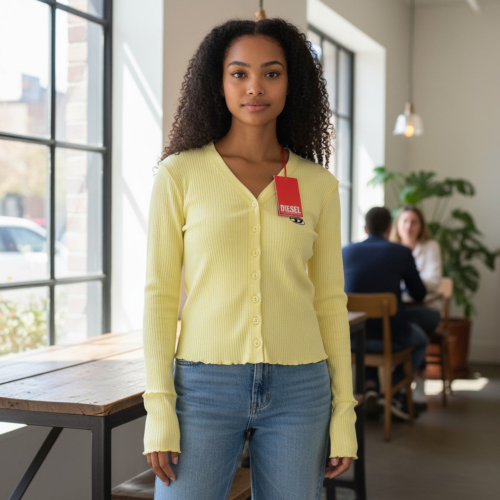 DIESEL T-Ribby-Open Women T-Shirt M Yellow Cardigan Button Cropped Ribbed Logo