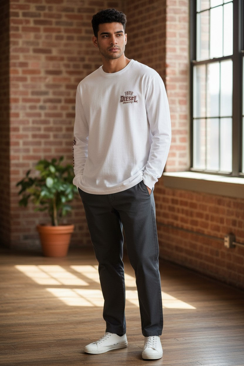 DIESEL T-Diegos-LS-K27 Men T-Shirt XL White Cotton Long Sleeved Crew Collar Logo