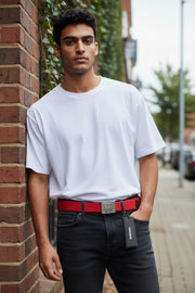 DIESEL B-Metaltape Men Belt 95CM Mid Red Textile Silver Tone Plate Buckle Logo