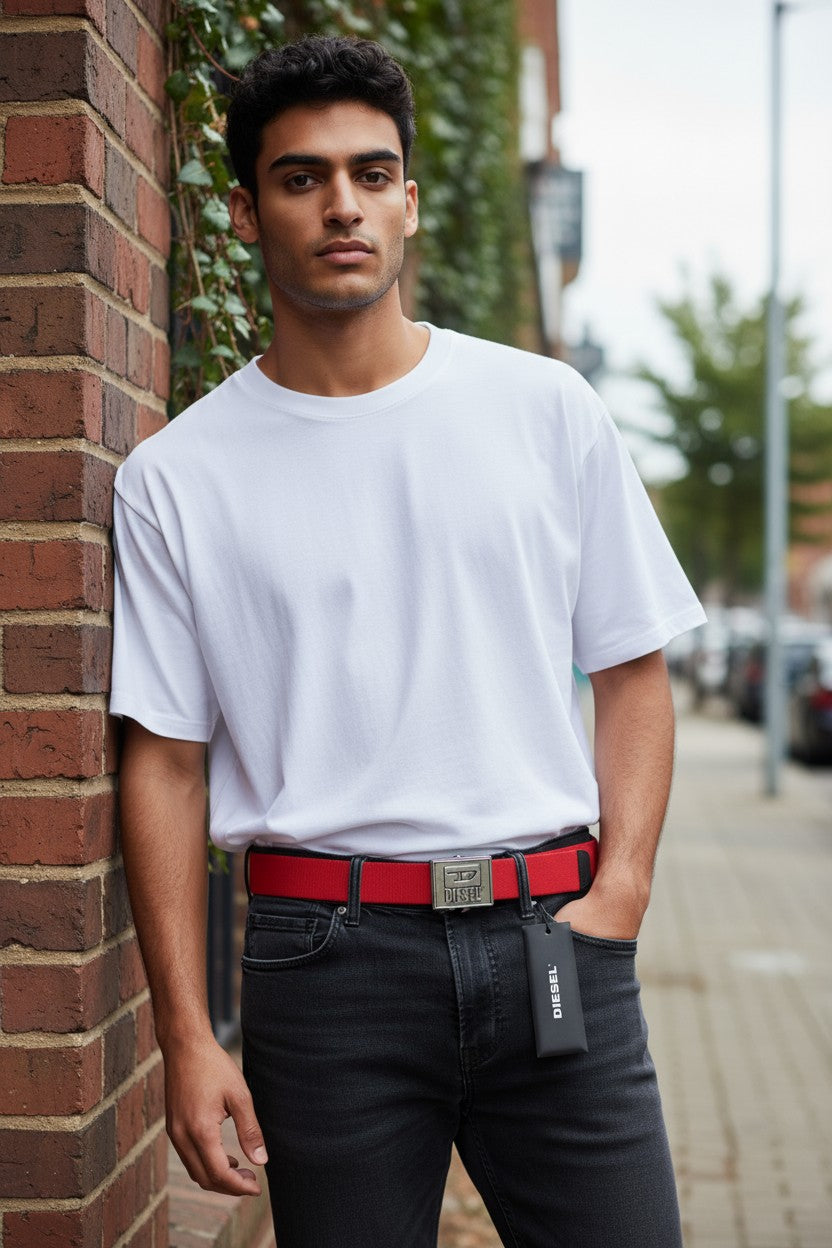 DIESEL B-Metaltape Men Belt 95CM Mid Red Textile Silver Tone Plate Buckle Logo